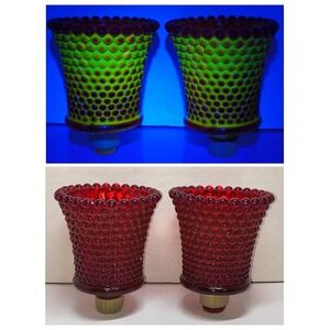 2 Red Glass UV Glow Hobnail Peg Votive Cup Candle Holder Vintage Home Interiors